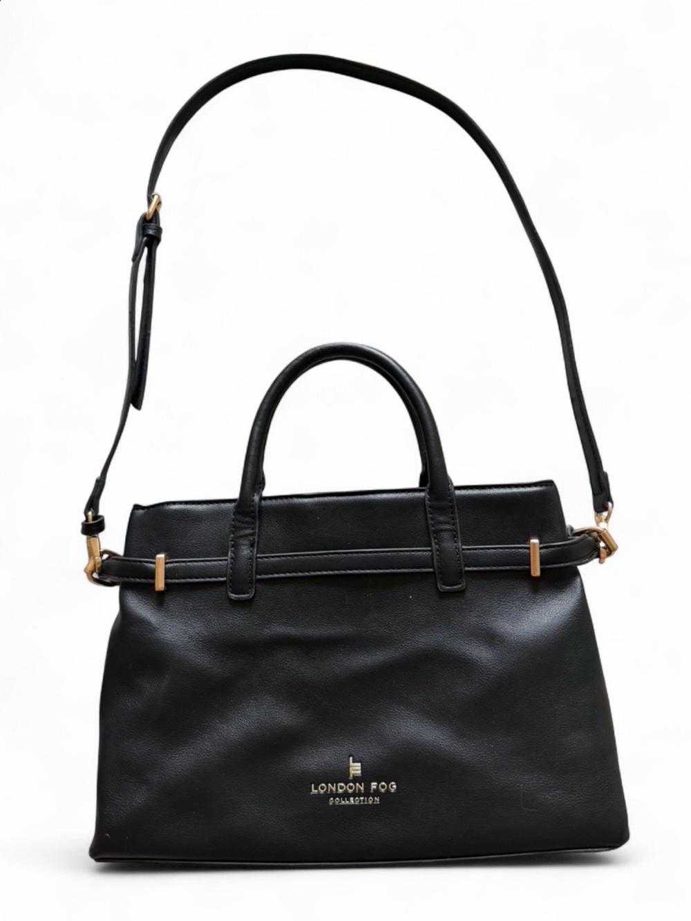 London Fog Collection Black Structured Satchel Crossbody Bag Gold Hardware